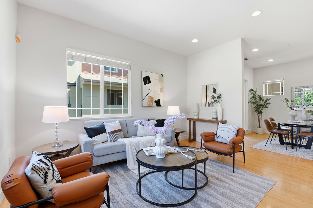 Staged living room at Feather Lane, Palo Alto, prepared for market